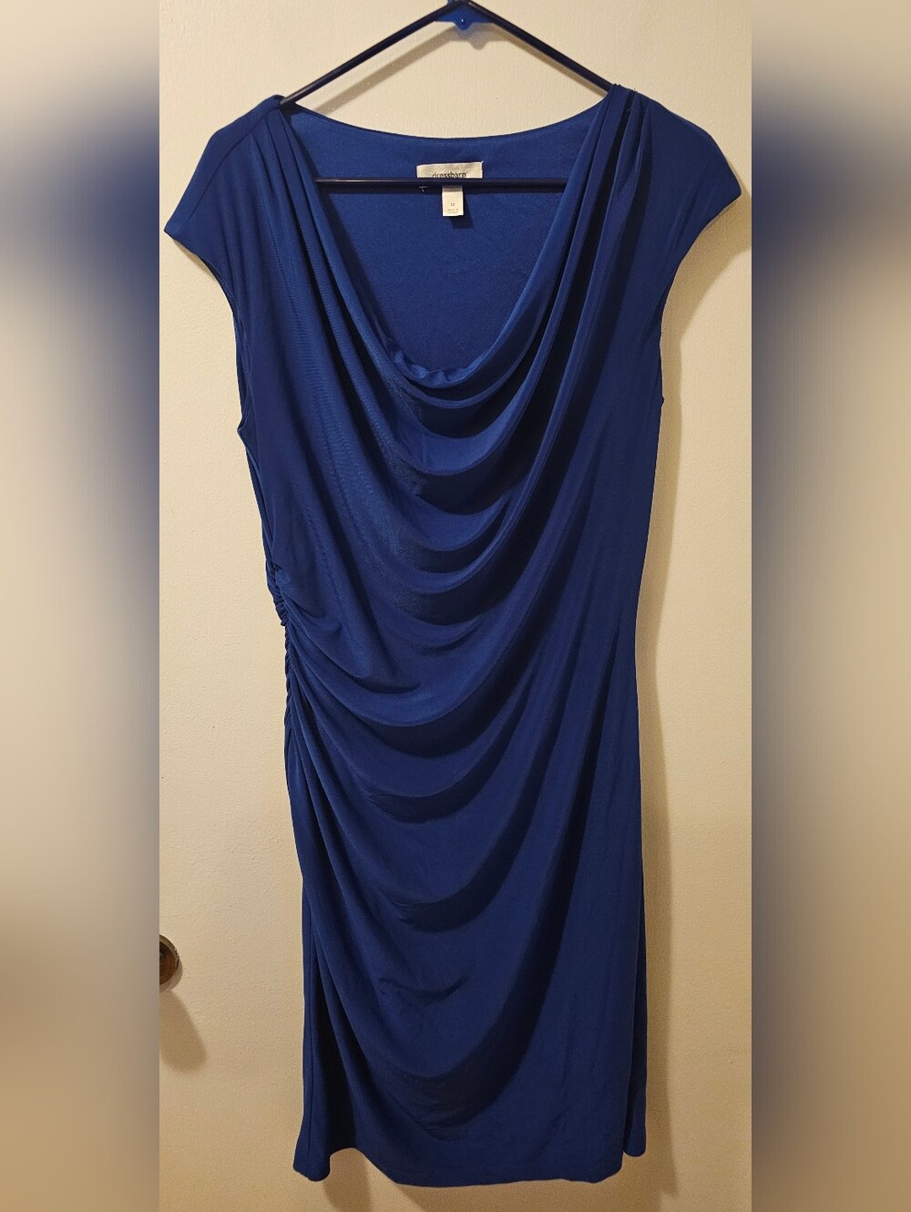 Dressbarn Womens Drape Neck Bodycon Dress Royal Blue Cap Sleeves Size 12